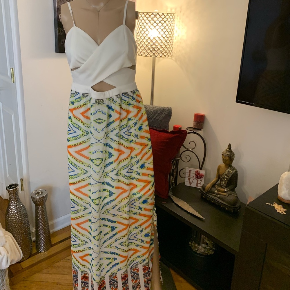 White criss cross top with flowy bottom maxi dress